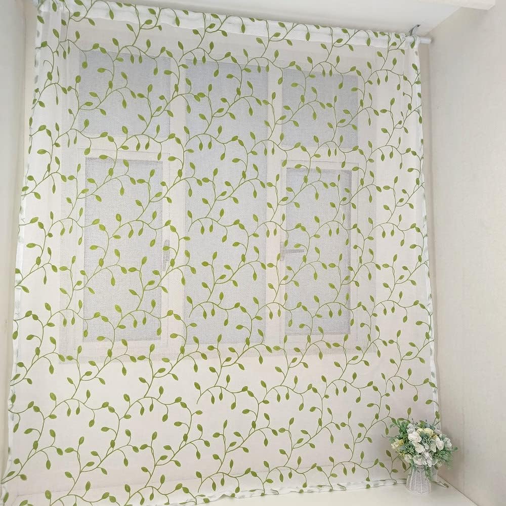 1pc, Green Leaf Curtain Embroidered Sheer Curtain Voile Panel For Home Decoration
