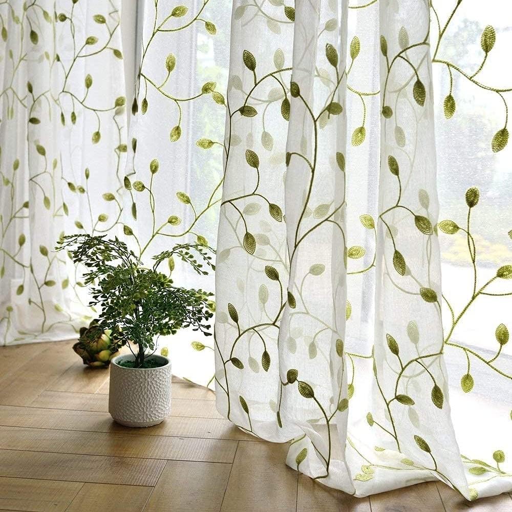1pc, Green Leaf Curtain Embroidered Sheer Curtain Voile Panel For Home Decoration