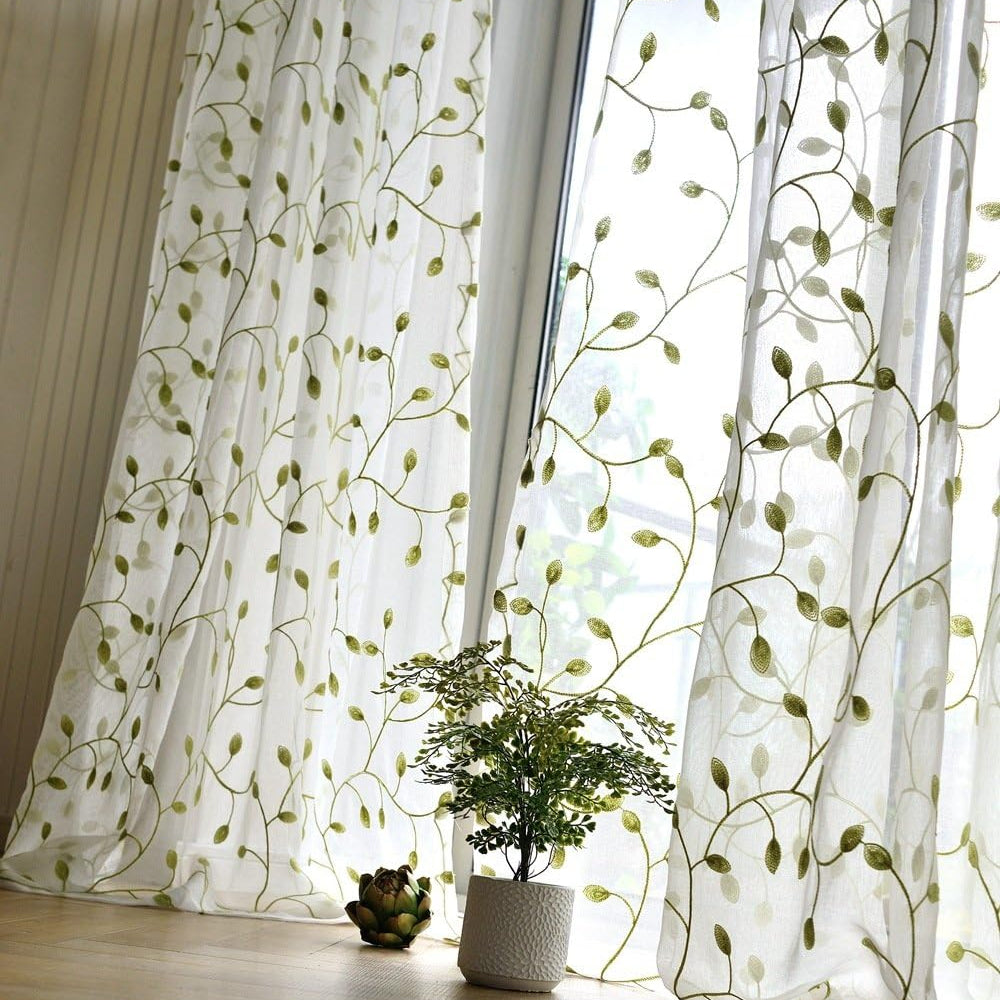 1pc, Green Leaf Curtain Embroidered Sheer Curtain Voile Panel For Home Decoration