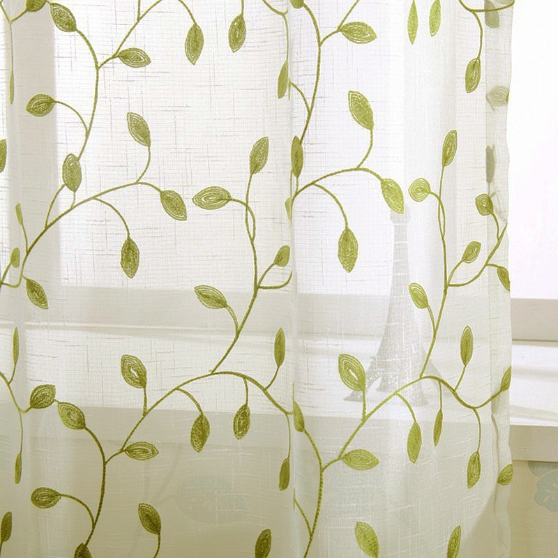1pc, Green Leaf Curtain Embroidered Sheer Curtain Voile Panel For Home Decoration