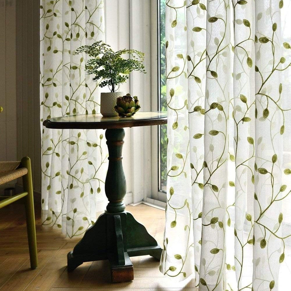 1pc, Green Leaf Curtain Embroidered Sheer Curtain Voile Panel For Home Decoration