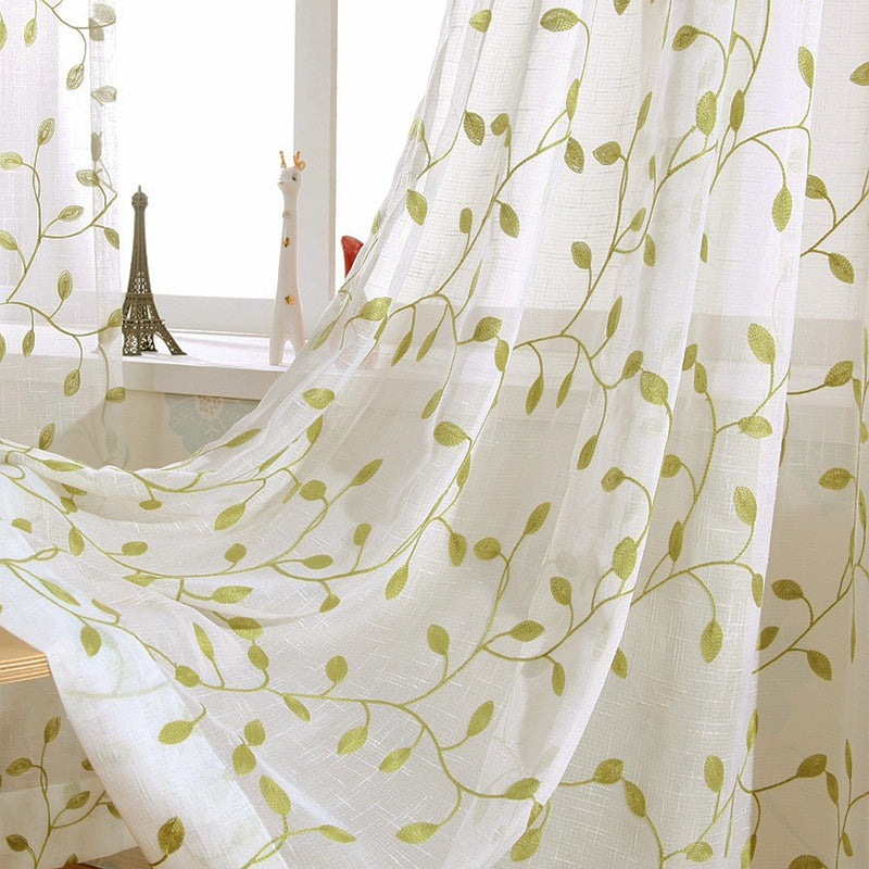 1pc, Green Leaf Curtain Embroidered Sheer Curtain Voile Panel For Home Decoration