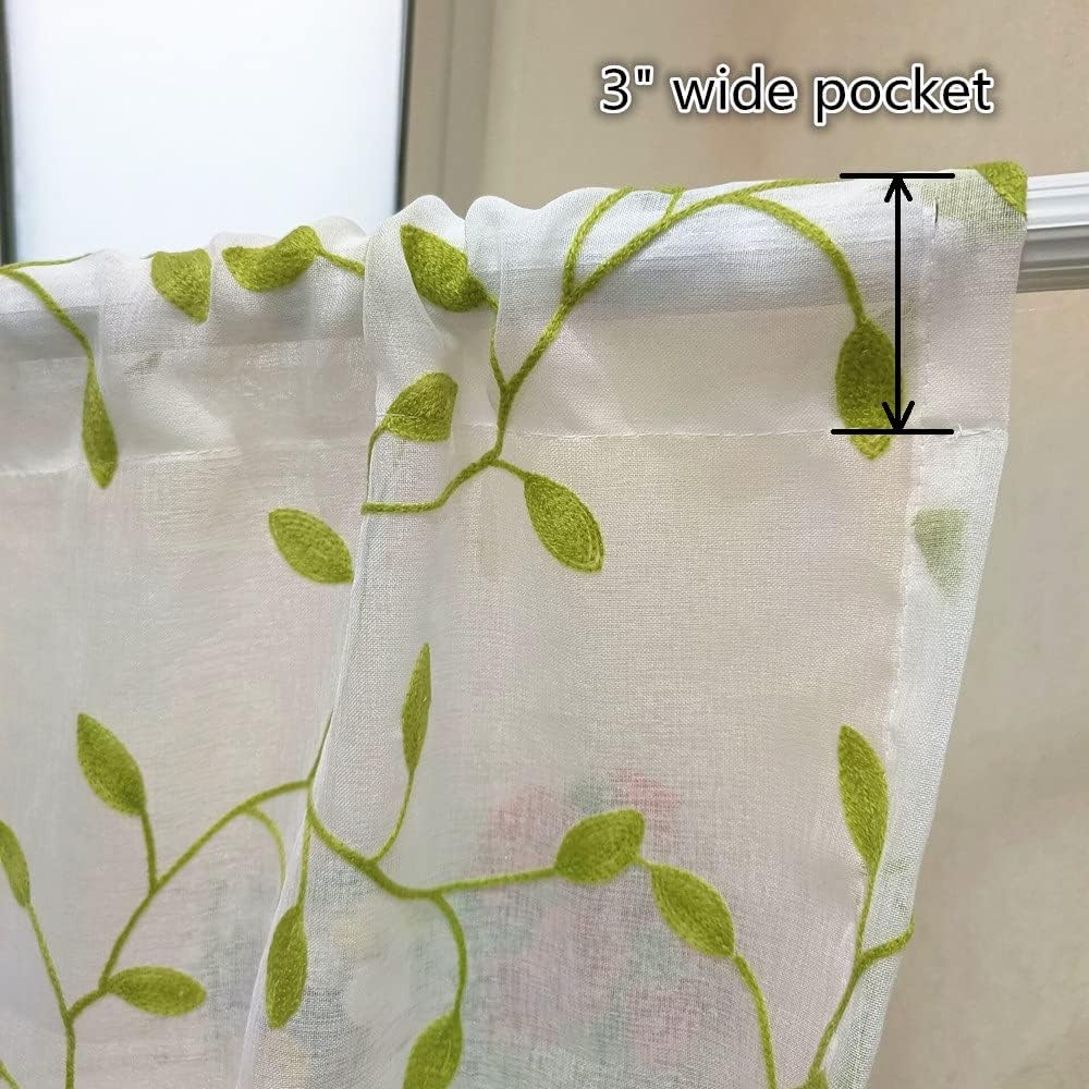 1pc, Green Leaf Curtain Embroidered Sheer Curtain Voile Panel For Home Decoration