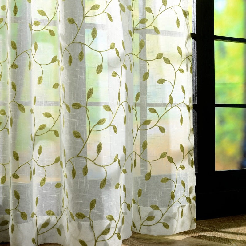 1pc, Green Leaf Curtain Embroidered Sheer Curtain Voile Panel For Home Decoration