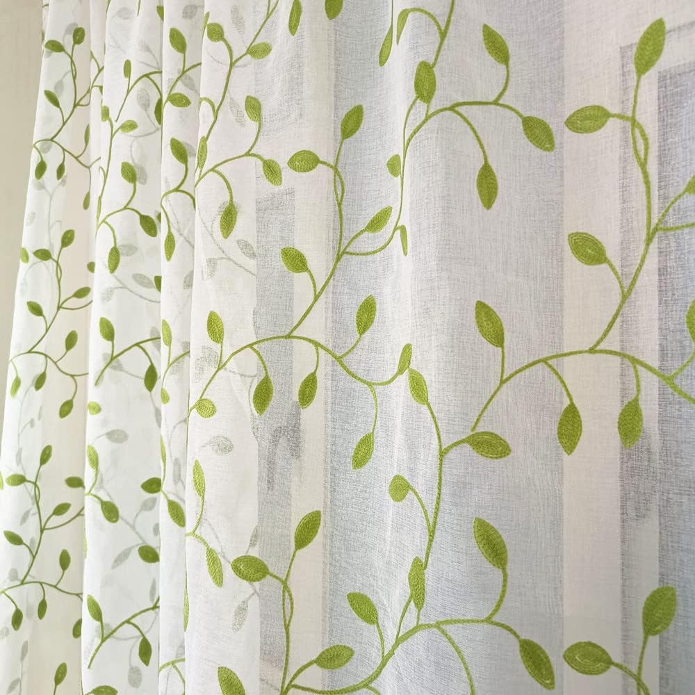 1pc, Green Leaf Curtain Embroidered Sheer Curtain Voile Panel For Home Decoration