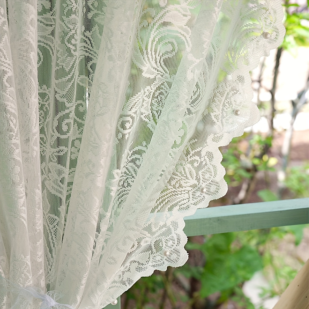 Chic Floral Sheer Curtain with Beaded Lace Trim