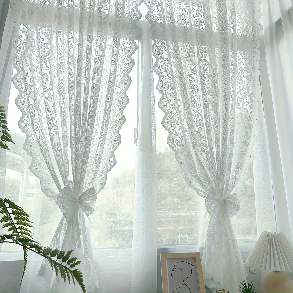 Chic Floral Sheer Curtain with Beaded Lace Trim