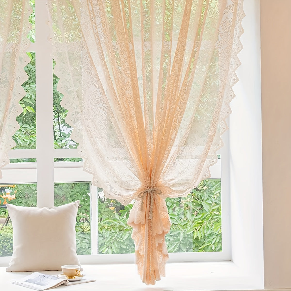 Chic Floral Sheer Curtain with Beaded Lace Trim