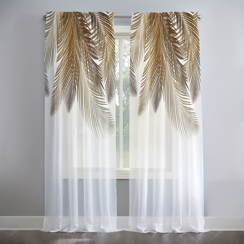 2pcs Yellow Feather Pattern Curtain, Rod Pocket Window