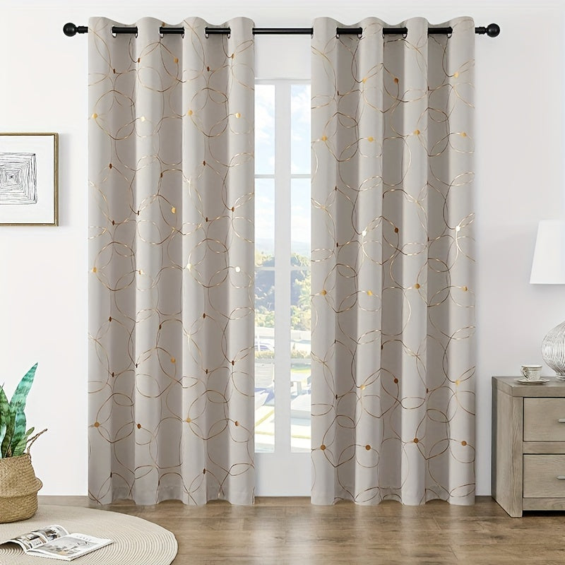 2pcs Elegant Golden Wave Blackout Curtains - Beige with Bold Golden Stripe