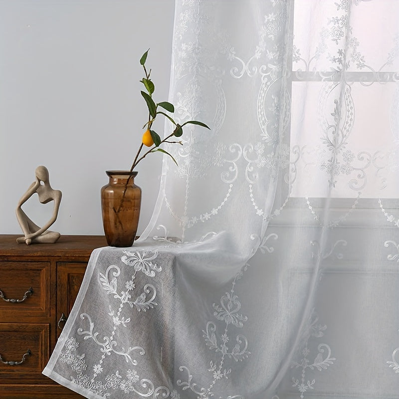 1pc Glam Embroidered Floral Grommet Top Curtain, Semi-Sheer Polyester Window Screen for Bedroom 120-140g