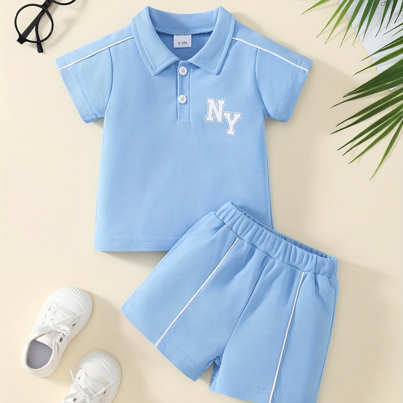 2pcs Summer Casual Button Y Letter Positioning Print Short Sleeve + Elastic Waist