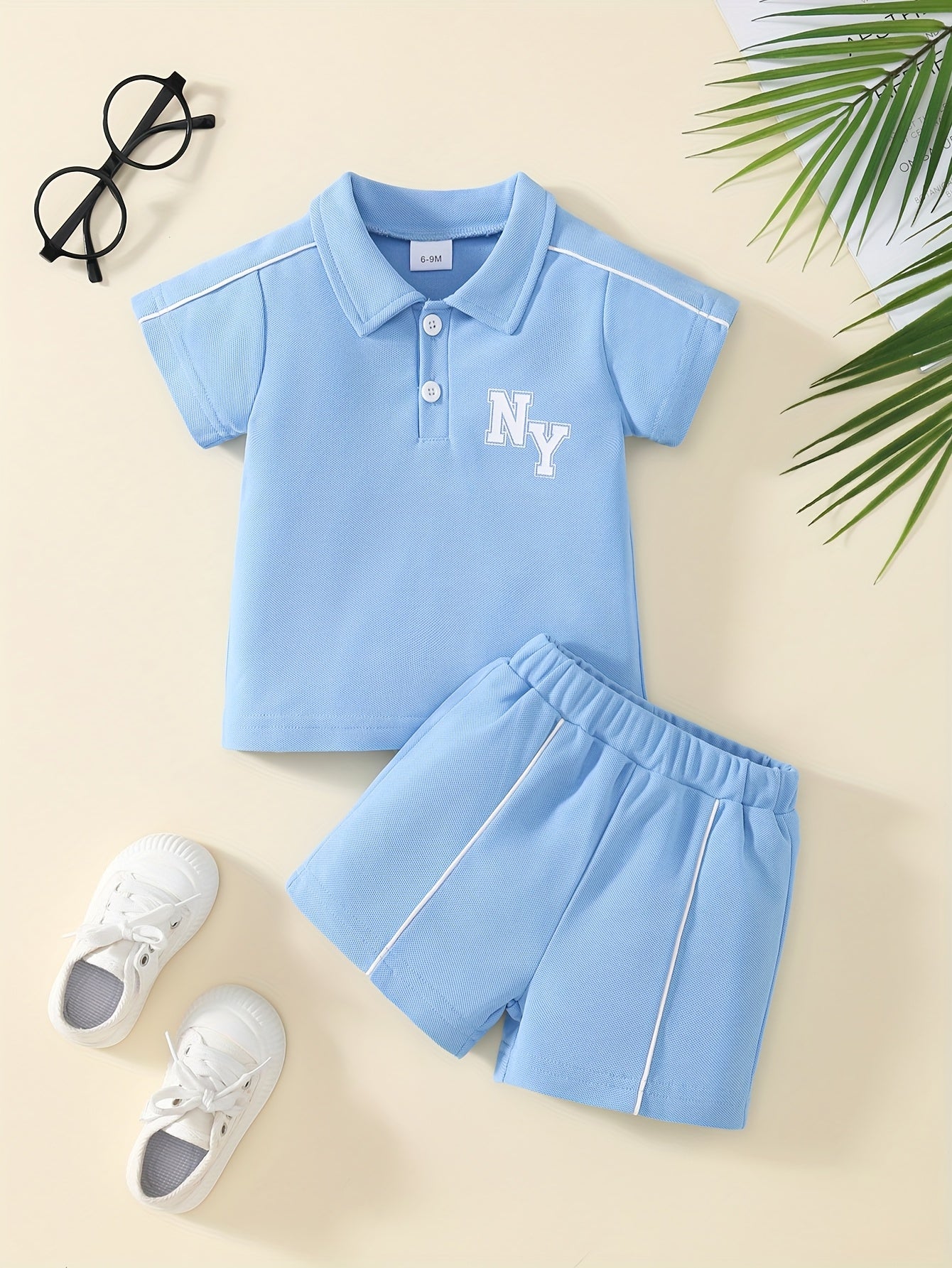 2pcs Summer Casual Button Y Letter Positioning Print Short Sleeve + Elastic Waist