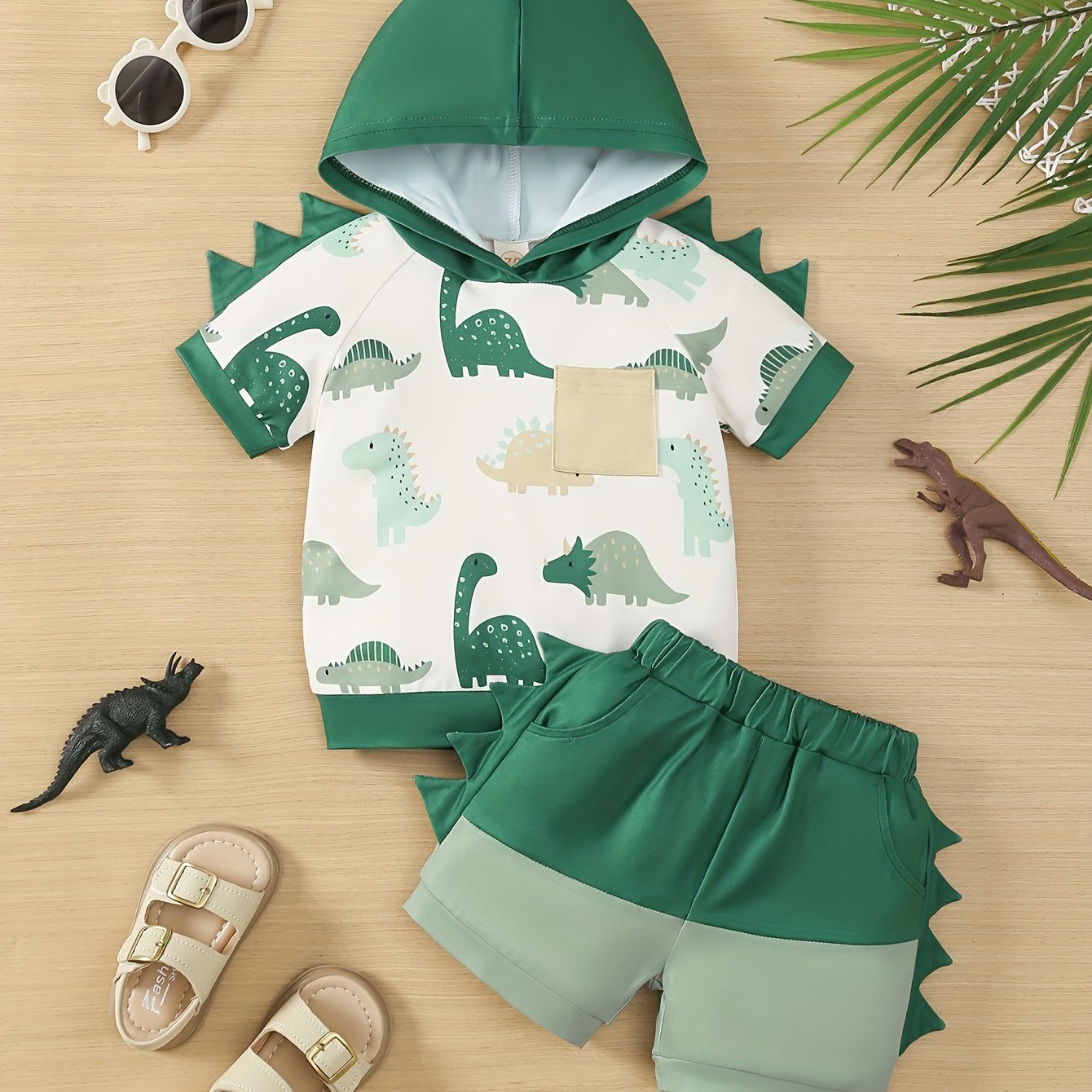 2pcs Summer Color-Matching Hoodie with Cute Dinosaur