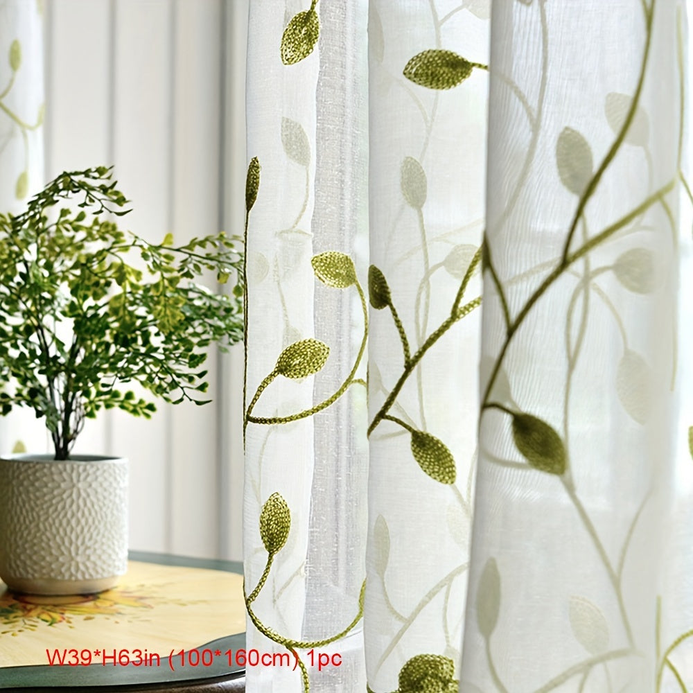 1pc, Green Leaf Curtain Embroidered Sheer Curtain Voile Panel For Home Decoration