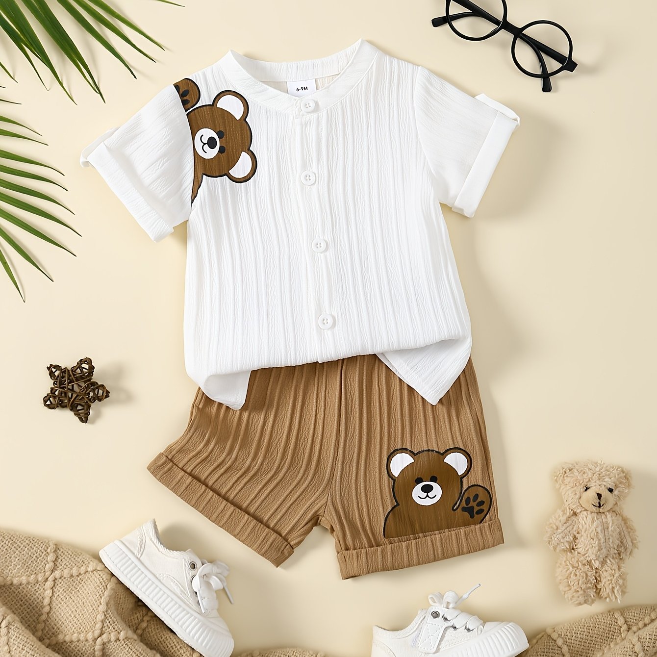 2pcs Summer Casual Print Short Sleeve Shirt & Elastic Waist Cuffed Ankle Shorts Set