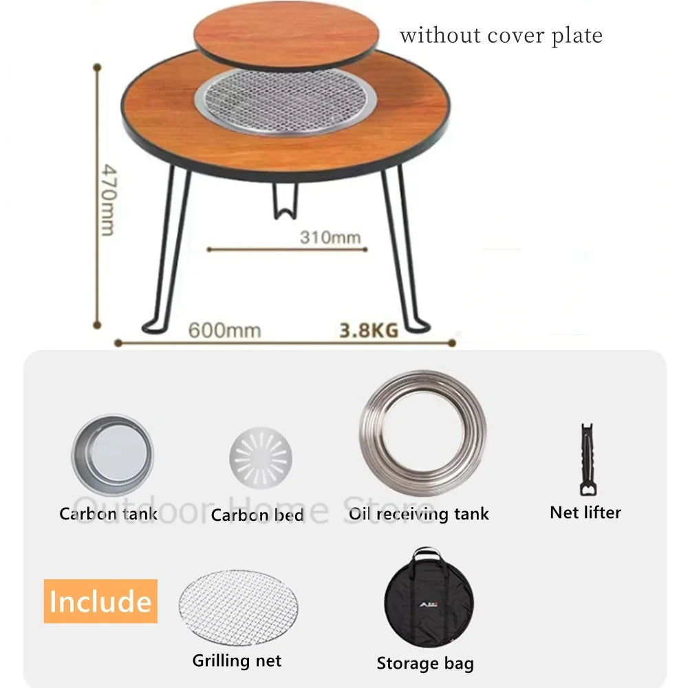 BBQ Folding Barbecue Round Table Wood Stove Portable Camping