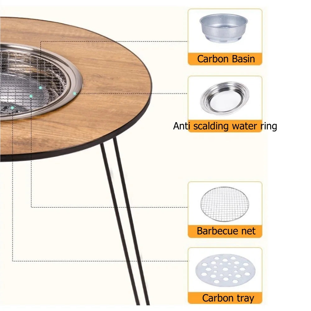 BBQ Folding Barbecue Round Table Wood Stove Portable Camping