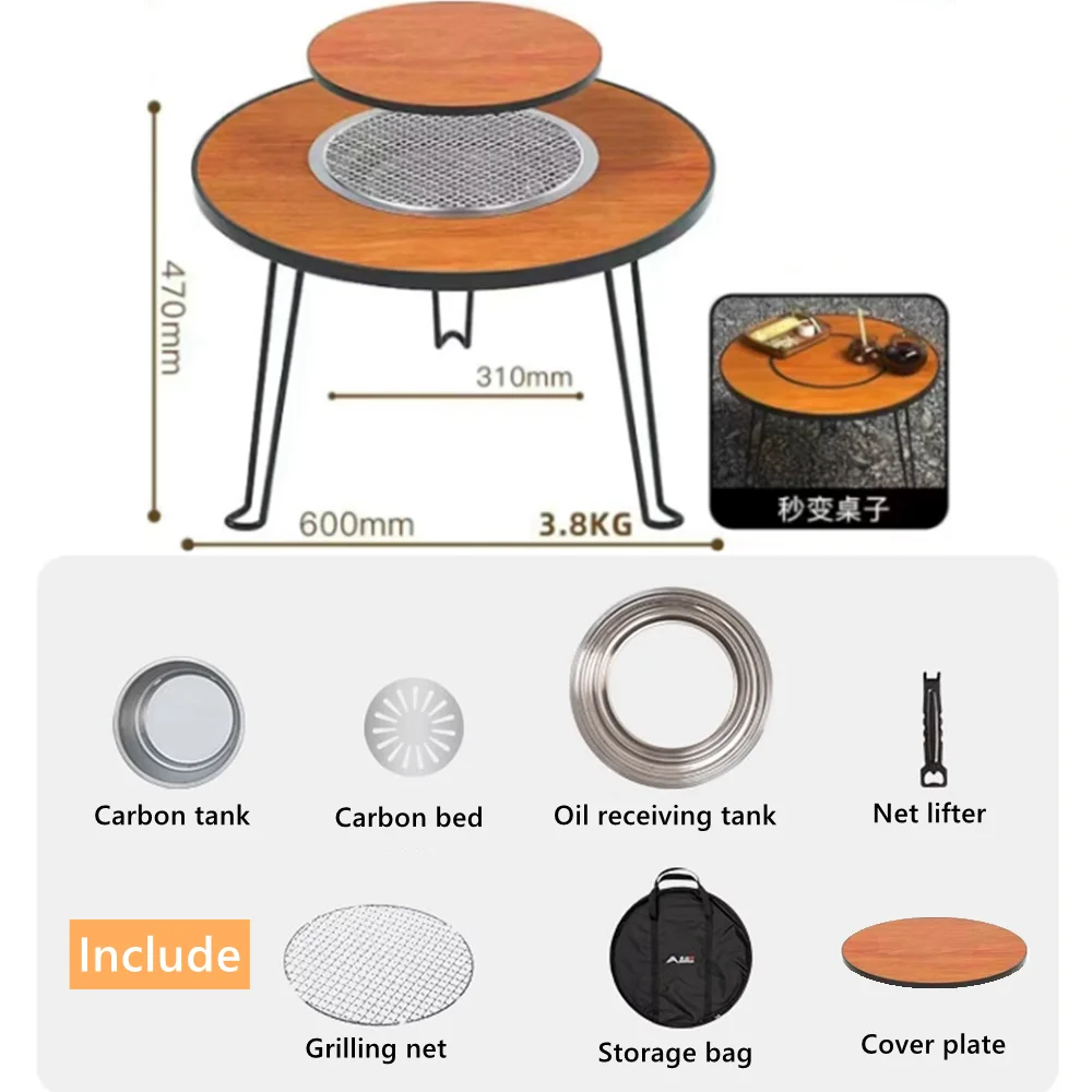 BBQ Folding Barbecue Round Table Wood Stove Portable Camping