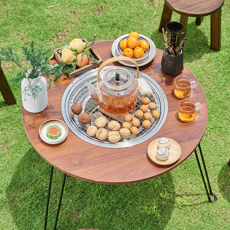 BBQ Folding Barbecue Round Table Wood Stove Portable Camping