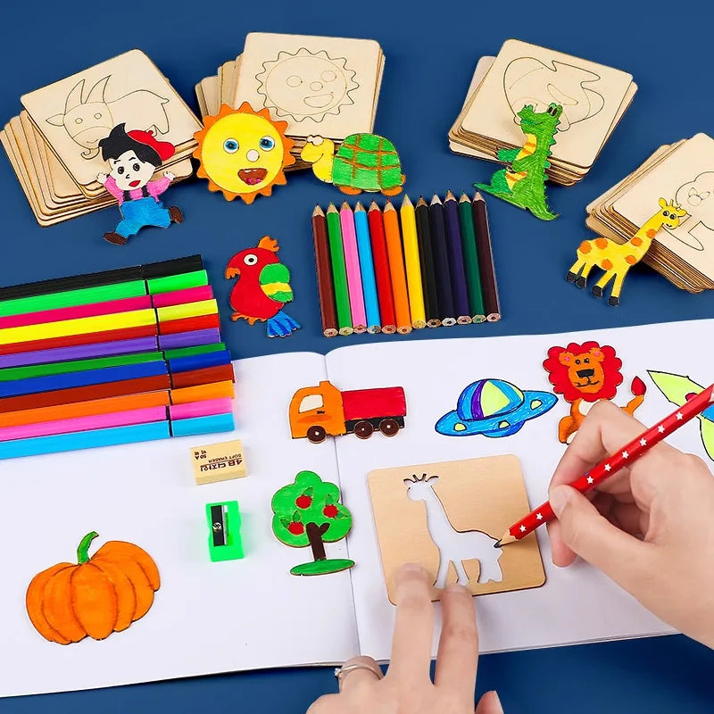 Educational Toys Learning kids Drawing Toys Wooden DIY Painting Template Stencils