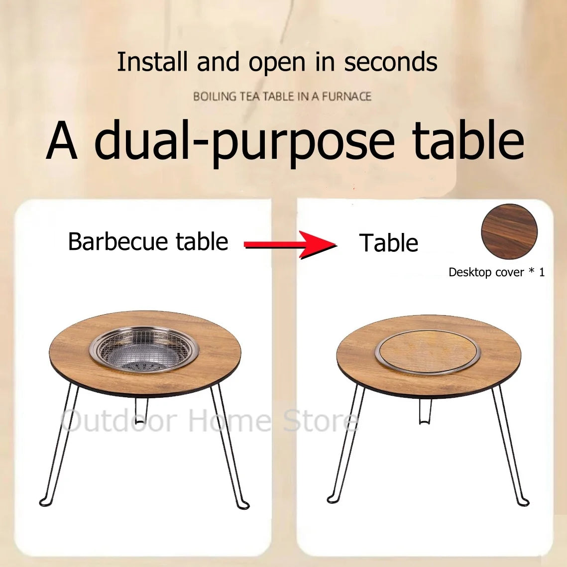 BBQ Folding Barbecue Round Table Wood Stove Portable Camping