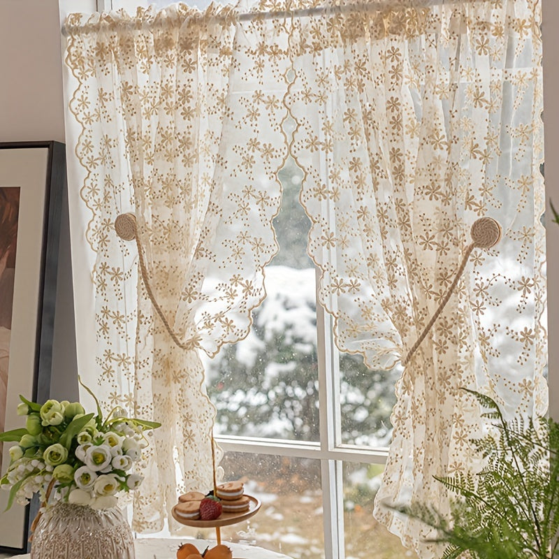 2PC French Style Lace Yarn Embroidered Sheer Tulle Curtains - Floral Pattern, Thermal Insulated, Rod Pocket Top for Living Room Kitand chen