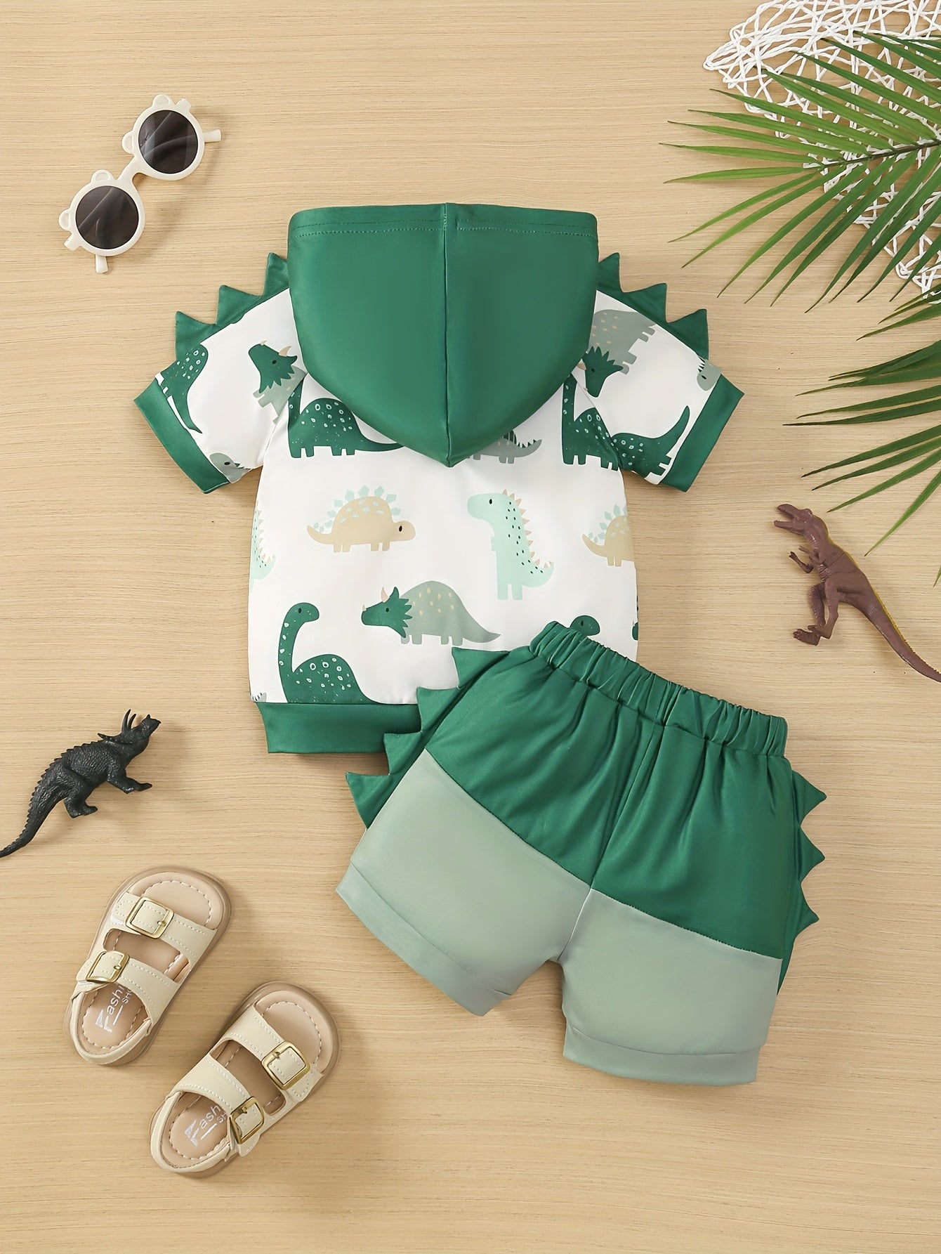 2pcs Summer Color-Matching Hoodie with Cute Dinosaur