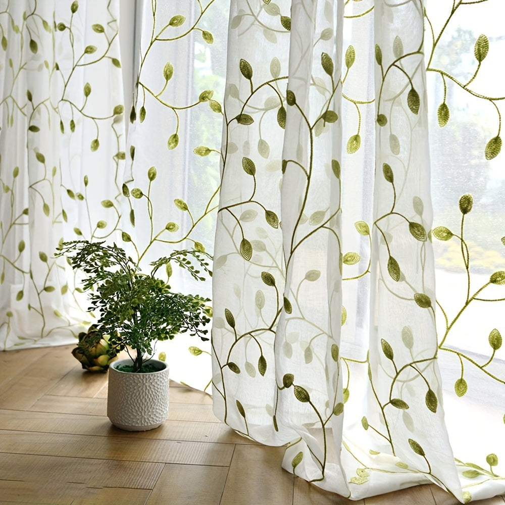 1pc, Green Leaf Curtain Embroidered Sheer Curtain Voile Panel For Home Decoration