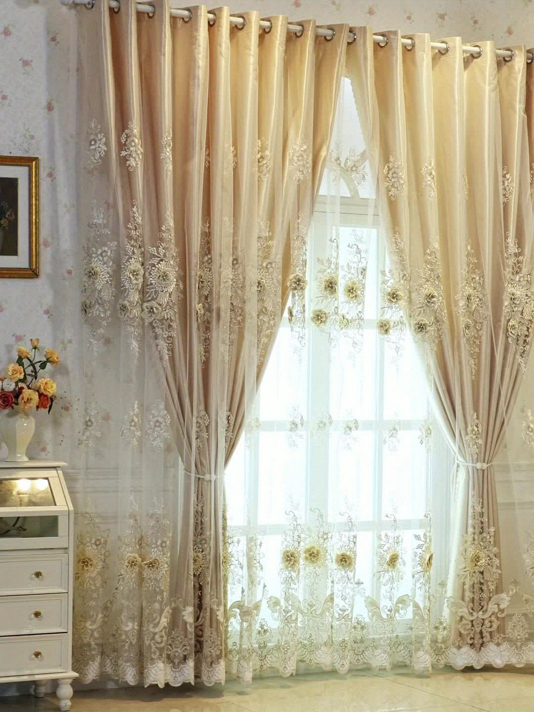 1pc Elegant Double-Layer Embroidered Curtain with Floral Patterns