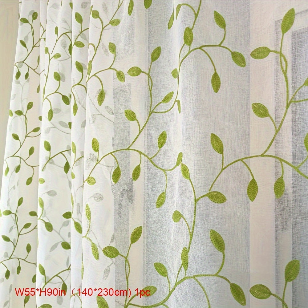 1pc, Green Leaf Curtain Embroidered Sheer Curtain Voile Panel For Home Decoration