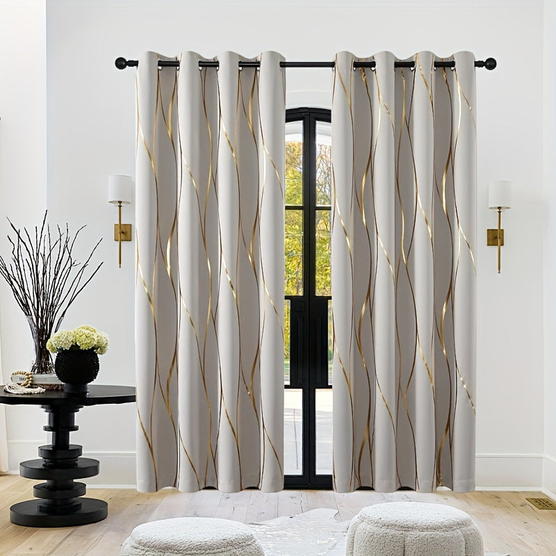 2pcs Elegant Golden Wave Blackout Curtains - Beige with Bold Golden Stripe