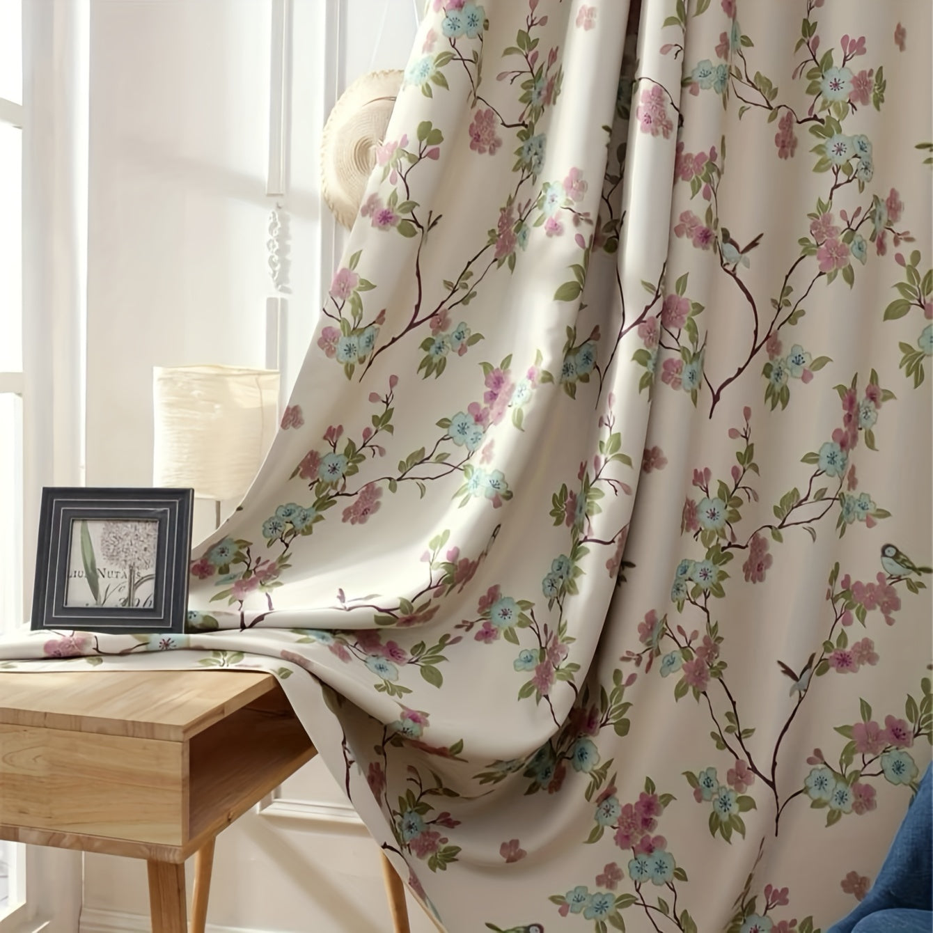 1pc Small Floral Print Blackout Curtain Grommet Top Curtain For Living Room Office Home Decor