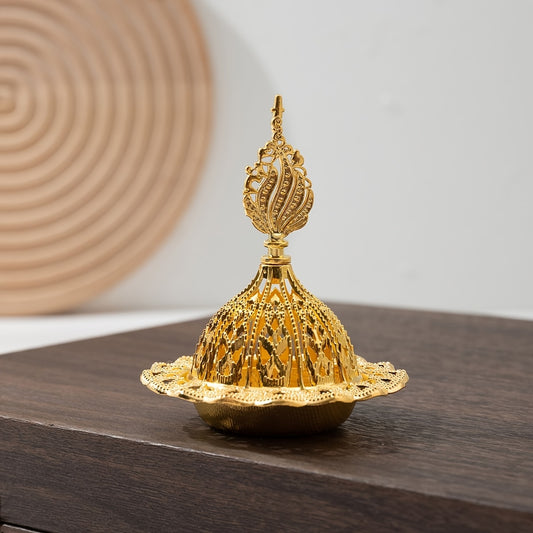 1pc Elegant Golden Hollow-Out Resin Incense Burner - Luxurious Metal Aromatherapy Decor with Intricate Lace Patterns, Perfect for Home or Office Ambiance, Home Fragrance