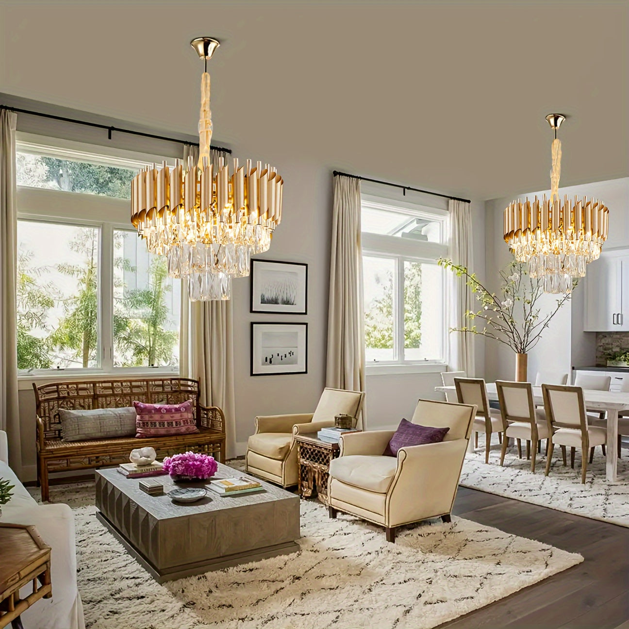 Modern Crystal Chandelier, 3-Tier Round Golden Metal Ceiling Light