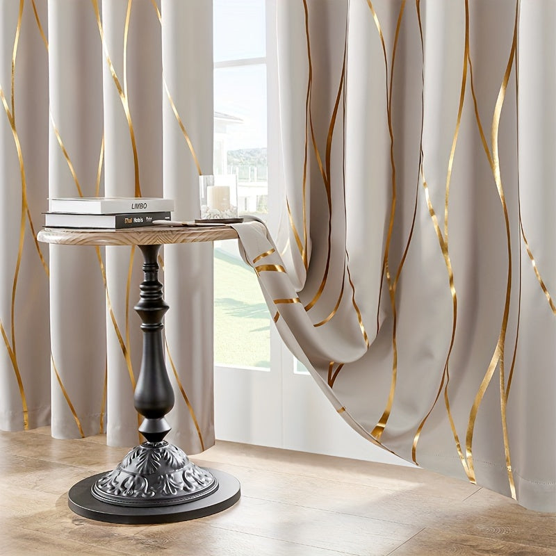 2pcs Elegant Golden Wave Blackout Curtains - Beige with Bold Golden Stripe