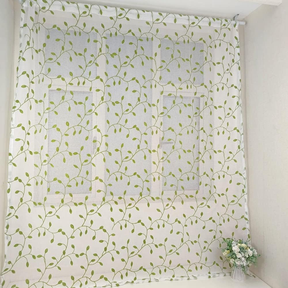 1pc, Green Leaf Curtain Embroidered Sheer Curtain Voile Panel For  Home Decoration