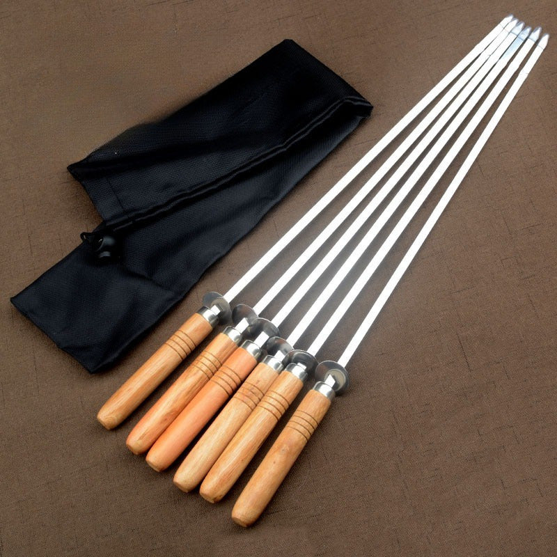 6Pcs Stainless Steel Barbecue Skewers with Wooden Handles, BBQ Mutton Forks with Cloth Bag for Outdoor Grilling Accessories