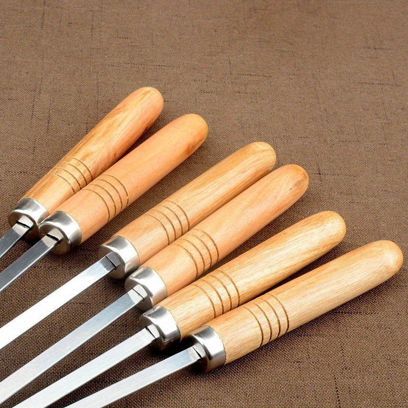 6Pcs Stainless Steel Barbecue Skewers with Wooden Handles, BBQ Mutton Forks with Cloth Bag for Outdoor Grilling Accessories