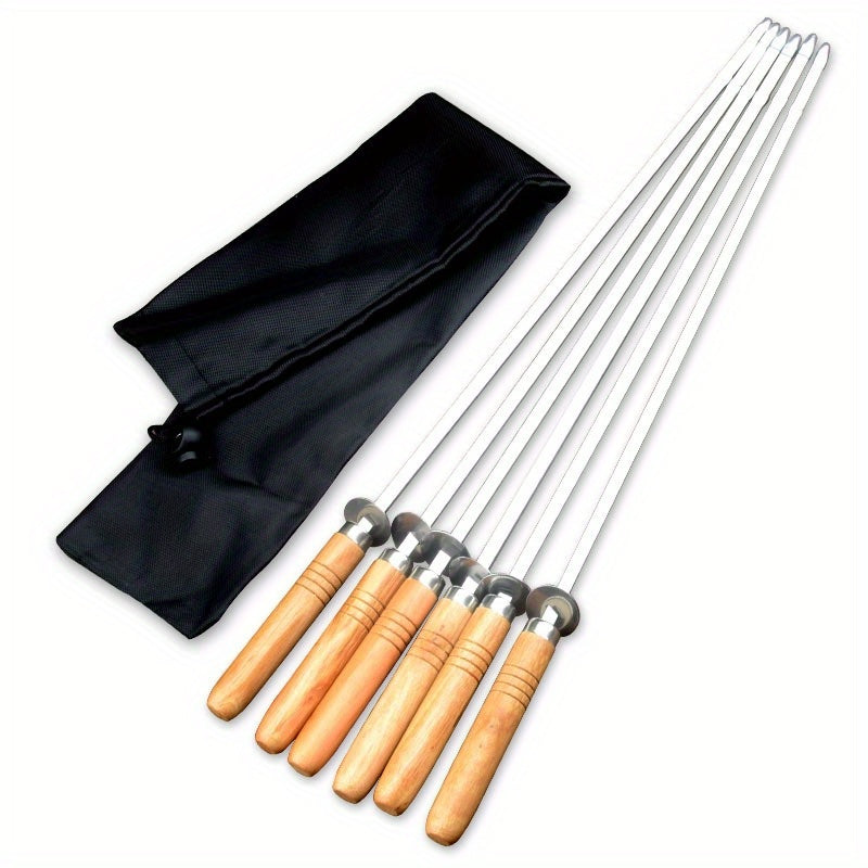 6Pcs Stainless Steel Barbecue Skewers with Wooden Handles, BBQ Mutton Forks with Cloth Bag for Outdoor Grilling Accessories