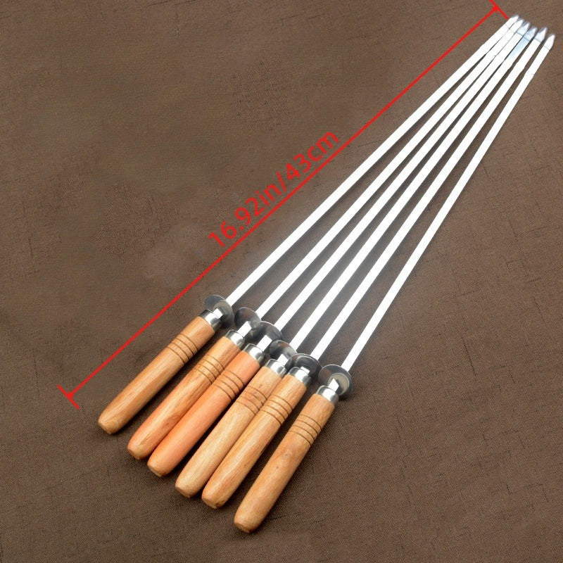 6Pcs Stainless Steel Barbecue Skewers with Wooden Handles, BBQ Mutton Forks with Cloth Bag for Outdoor Grilling Accessories