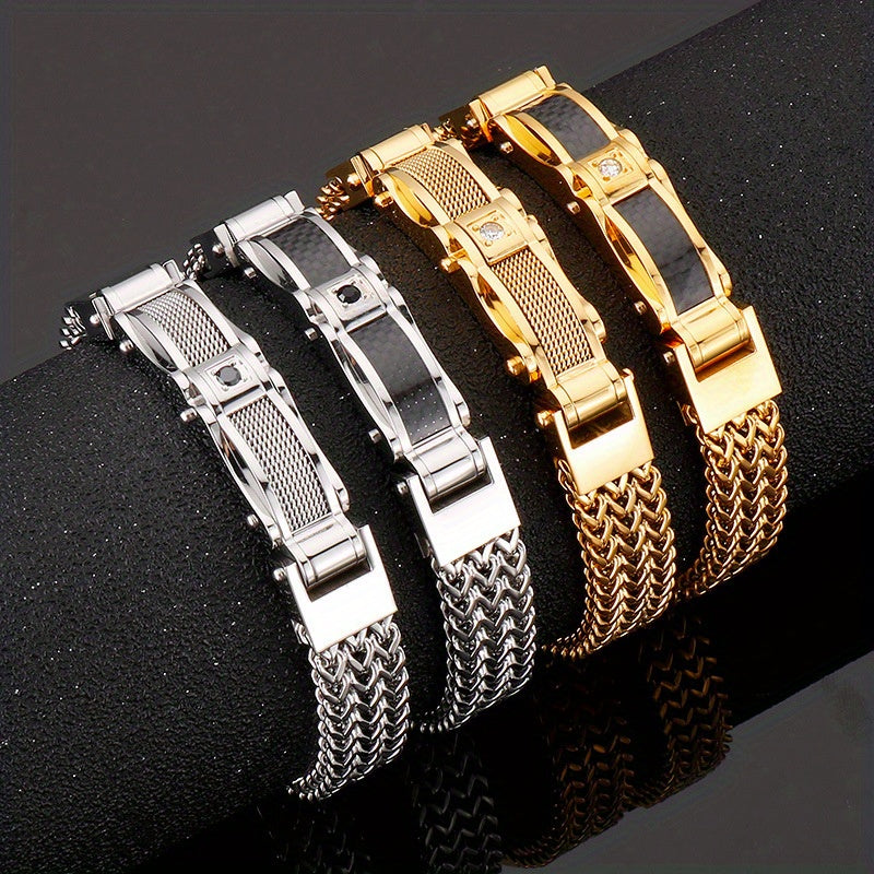 Men'S Bracelet, Titanium Steel, Synthetic Faux Gemstone Inlay