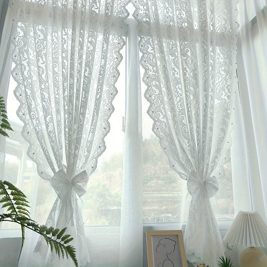 Chic Floral Sheer Curtain with Beaded Lace Trim