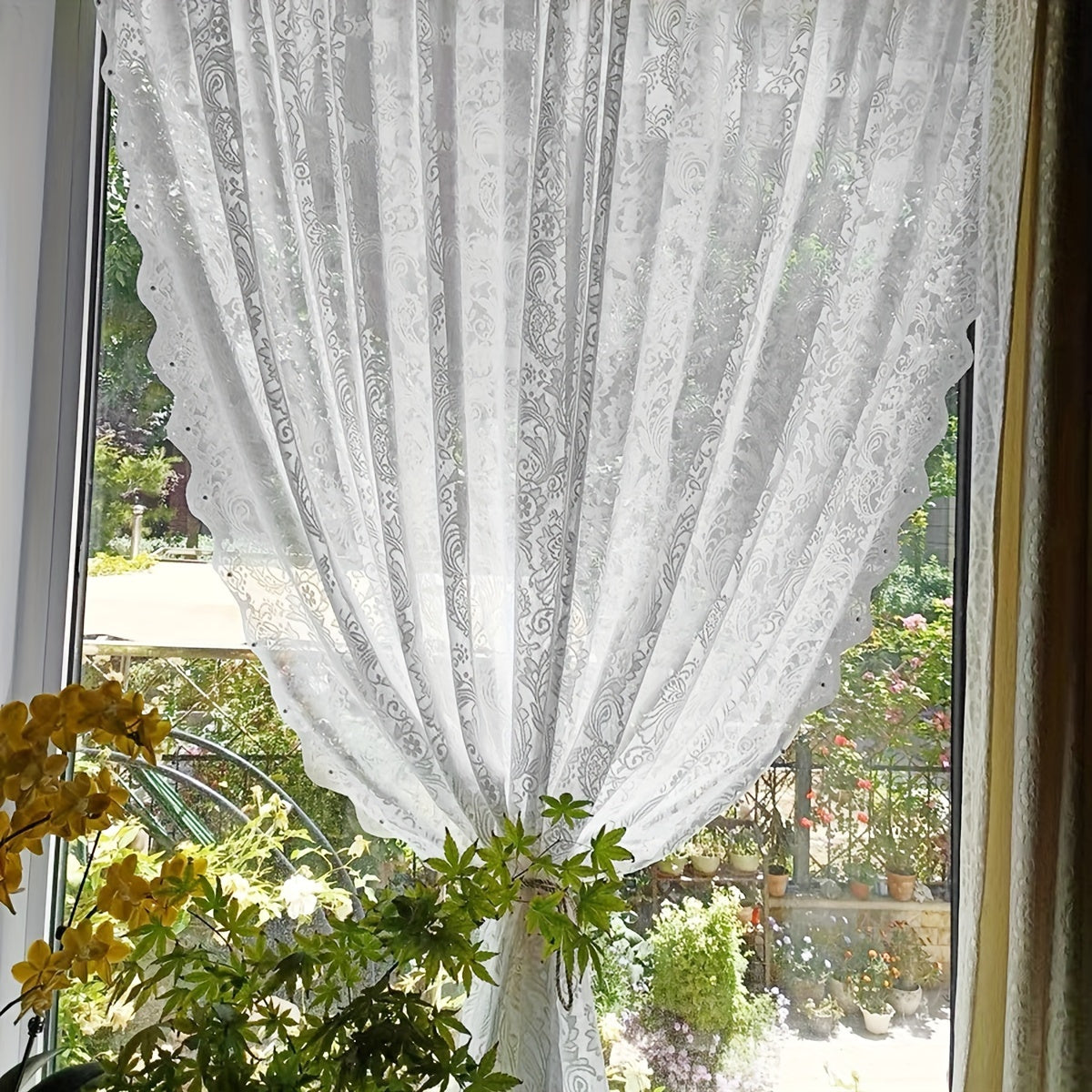 Chic Floral Sheer Curtain with Beaded Lace Trim