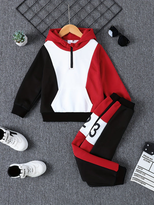 Boy's Hoodie With Kangaroo Pocket & Casual Color Block Sweatpants