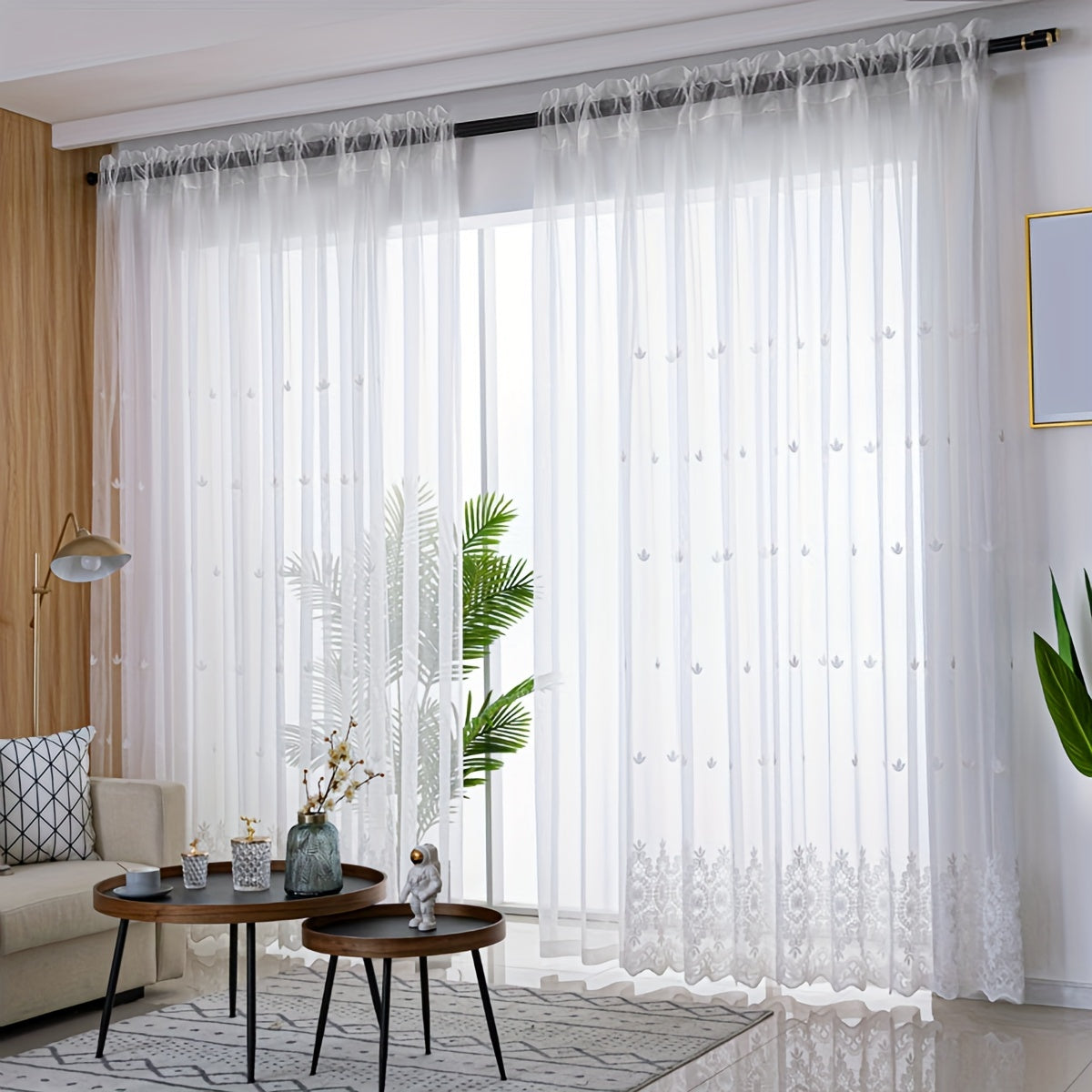 1pc Modern Embroidered Sheer Curtain Panel, 100% Polyester