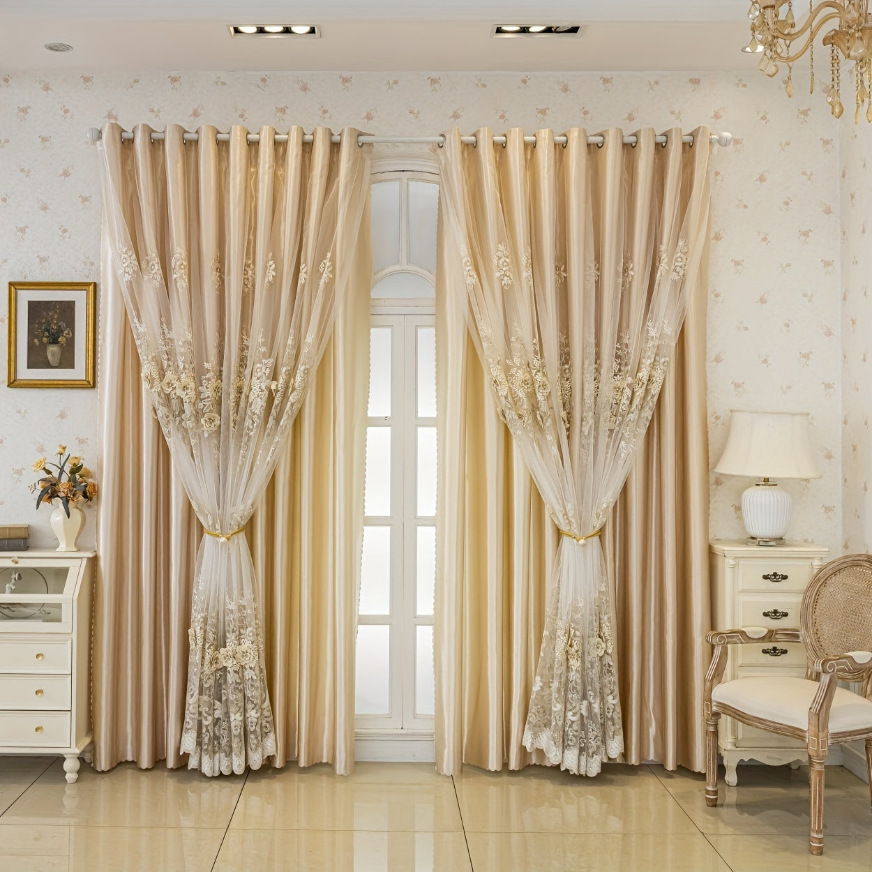 1pc Elegant Double-Layer Embroidered Curtain with Floral Patterns