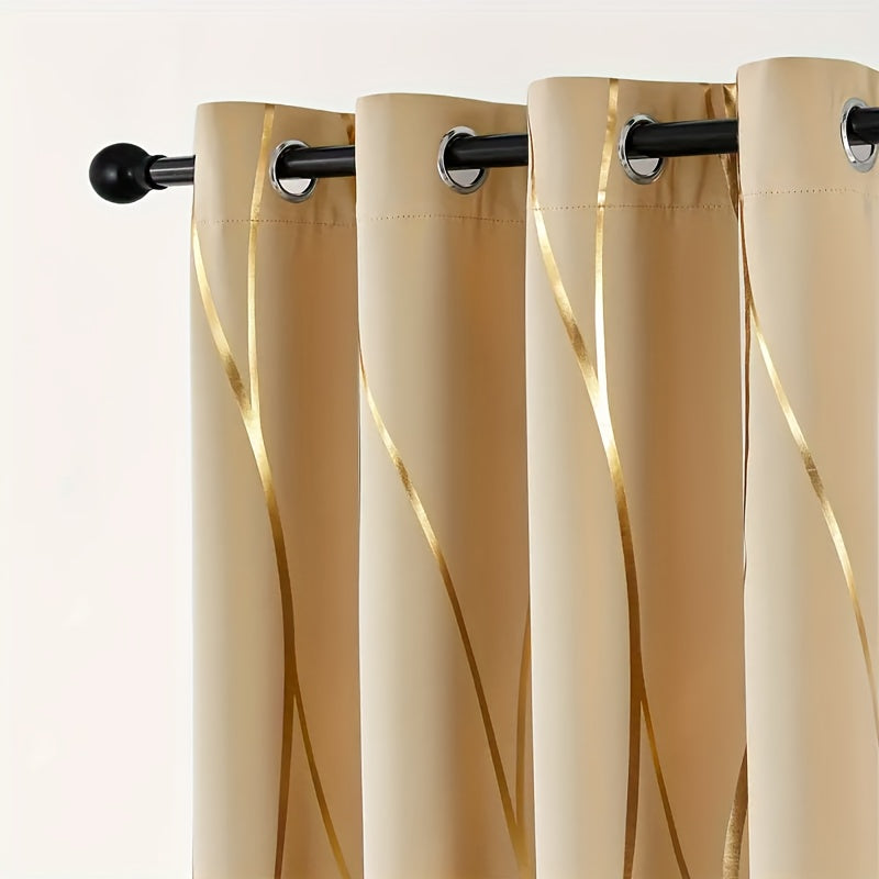 2pcs Elegant Golden Wave Blackout Curtains - Beige with Bold Golden Stripe