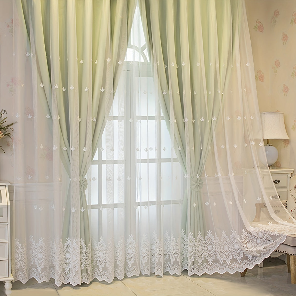 1pc Modern Embroidered Sheer Curtain Panel, 100% Polyester