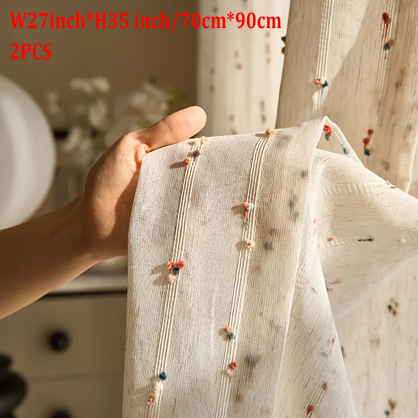 1pc/2pcs Rainbow Candy Bean Embellished Retro Linen Texture Translucent Window Curtain